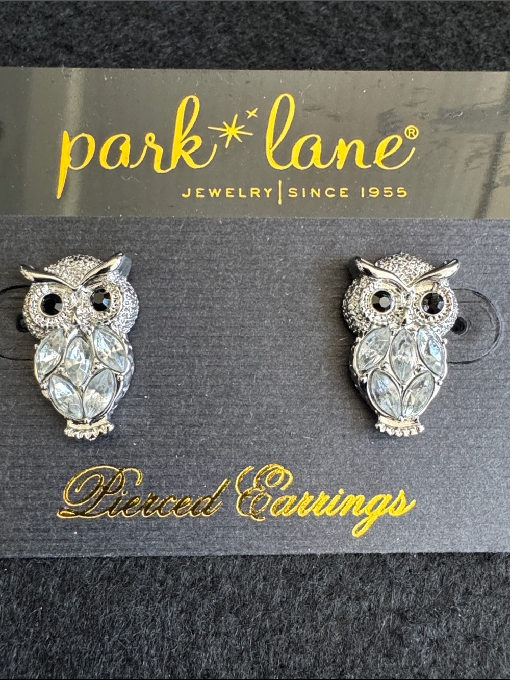 NWT Park Lane Crystal Owl Pierced Earrings Silver Tone